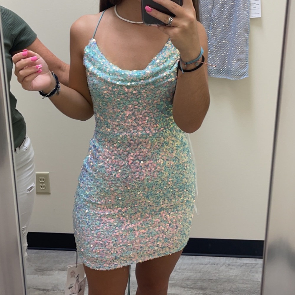 Homecoming dress, size 0. Matching shoes, size 8. Matching necklace.